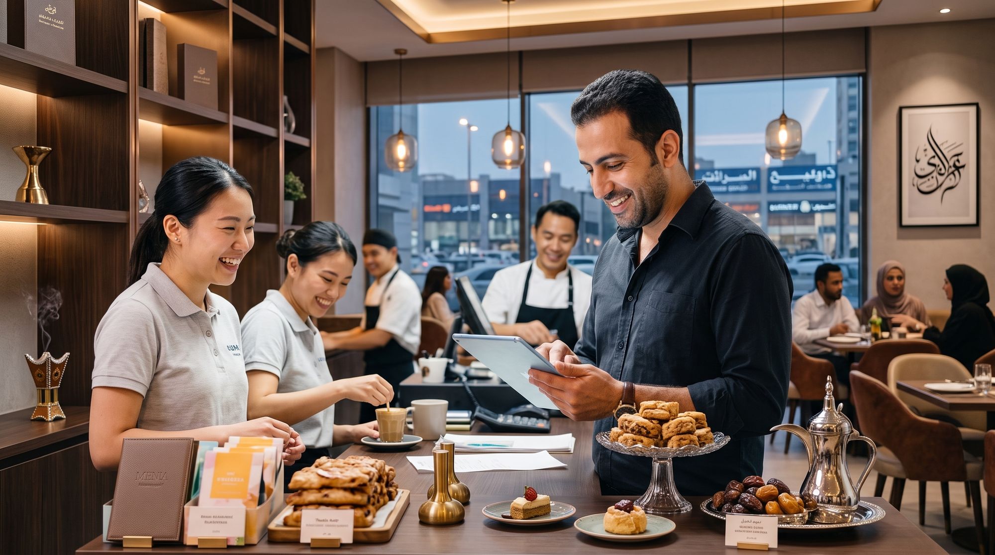 A café team at work with Tartib on the counter