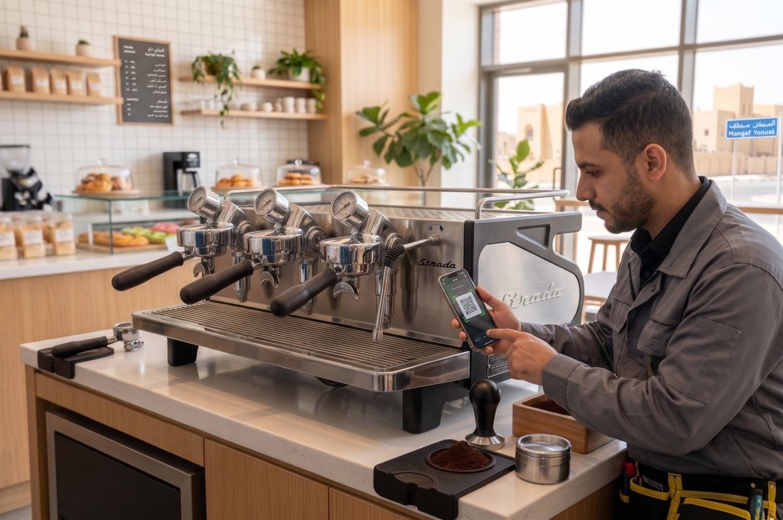 A technician servicing an espresso machine